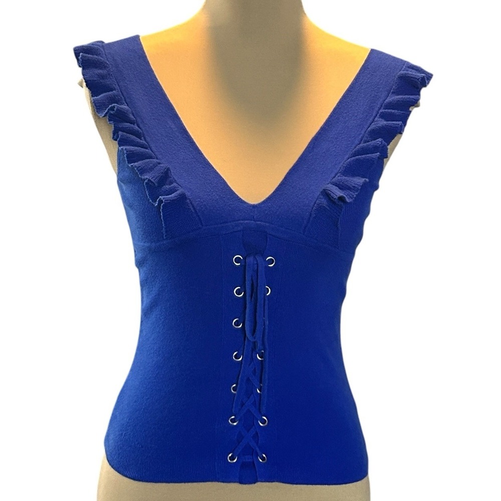 Express Babydoll Lace up top Sz XS Sleeveless Ruffle Going Out Blue V-neck Y2K